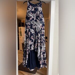 R&M Richards Navy and Pink Floral High-Low Skirt